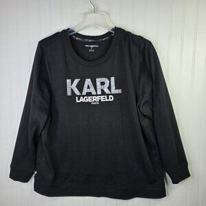 Karl Lagerfeld Paris Sweatshirt Women 1X Black Rhinestone Studded Logo Luxe Chic